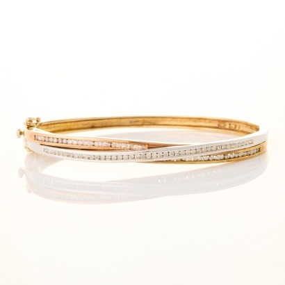 9ct Yellow / White Gold, 1.04ct Channel Set Crossover Diamond Bangle with Case