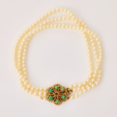 Akoya, Japanese Cultured Pearl, Triple Strand Bracelet / 9ct Gold / Turquoise Box Clasp