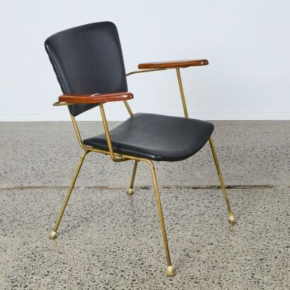 A Mid-Century Metal Fireside Chair with Mahogany Arms