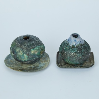 A Pair of Petite Planetary Ovoid Vases with Dishes