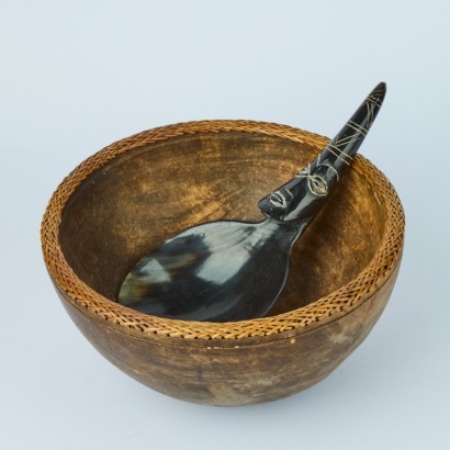 A Decorative African Handmade Wooden Bowl with Horn Scoop