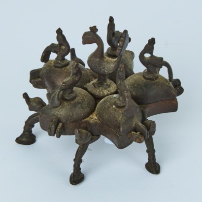 A Vintage Brass Peacock Five-Compartment Spice Holder with Elephant Feet