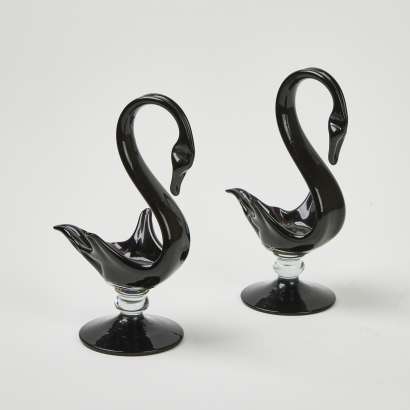 A Pair of Elegant Art Deco Swans in Black Glass