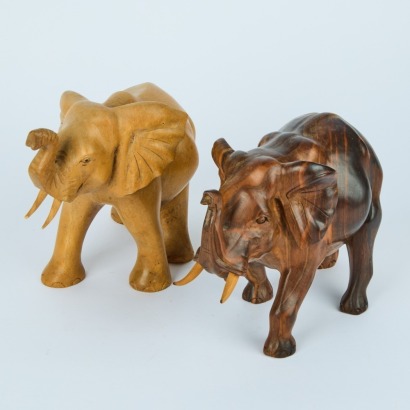 A Pair of Solid Wood Hand-Carved Elephants