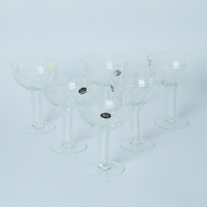 A Set of Six Hand Cut Crystal Hollow Stem Champagne Coupes
