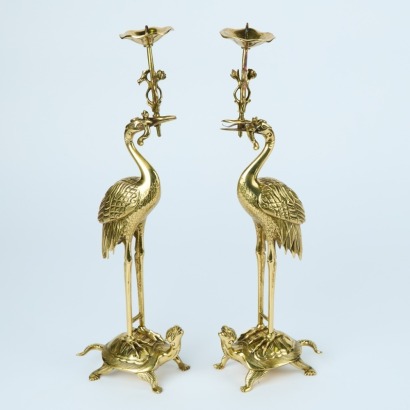 A Pair of Vintage Japanese Brass Buddhist Crane and Turtle Candleholders