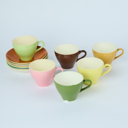 A Set of Six Tutti Fruity Mix and Match Crown Lynn Colour Glaze Tulip Cups and Saucers