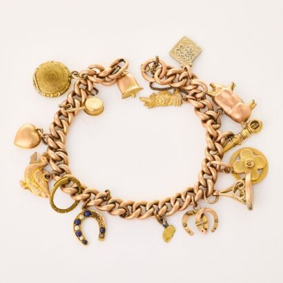 9ct Rose Gold, 20cm Hollow Curb Link Bracelet with Charms