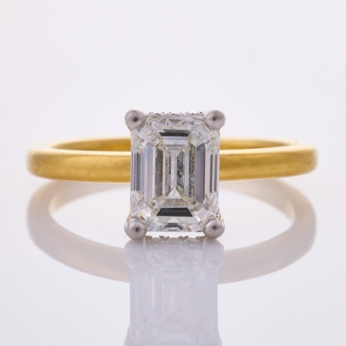 18ct Yellow / White Gold, 1.50ct Emerald Cut Canadian Diamond / .21ct Diamond Ring, GIA Certified