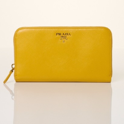 Prada, Saffiano, Mimosa Yellow Zip Around Wallet with Box