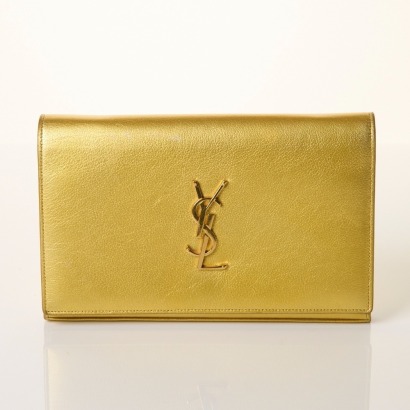 Yves Saint Laurent, Gold Metallic Calfskin, Monogram Chain Wallet with Shoulder Strap