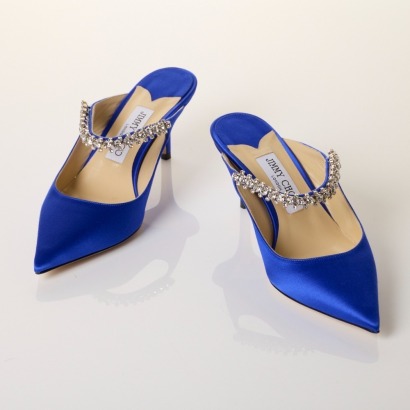 Jimmy Choo, Bing 65 Ultraviolet Satin Mules with Crystal Strap Size 38 with Box - Near new