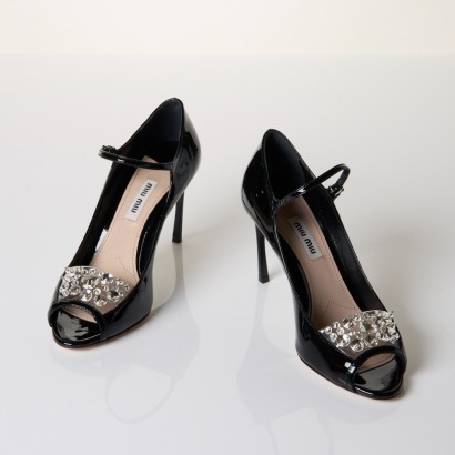 Miu Miu, Black Patent Leather Crystal Embellished Heels, Size 36 with Box - As new