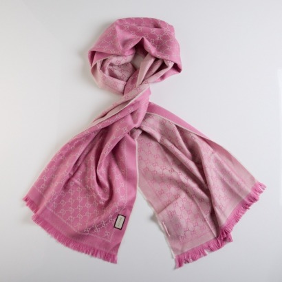 Gucci, GG Monogram Pink Wool Scarf with Box