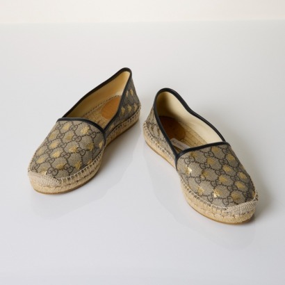 Gucci, Beige / Ebony Monogram Canvas Bee Espadrilles, Size 38