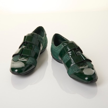 Gucci, Green Patent Leather, GG Monogram, Velcro Sneakers, Size 36.5