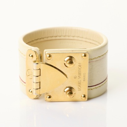 Louis Vuitton, White Suhali Leather S Lock Cuff Bracelet, Size M with Box