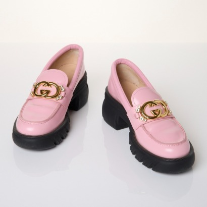 Gucci, Romance GG Embellished Pink Loafers, Size 40 with Box