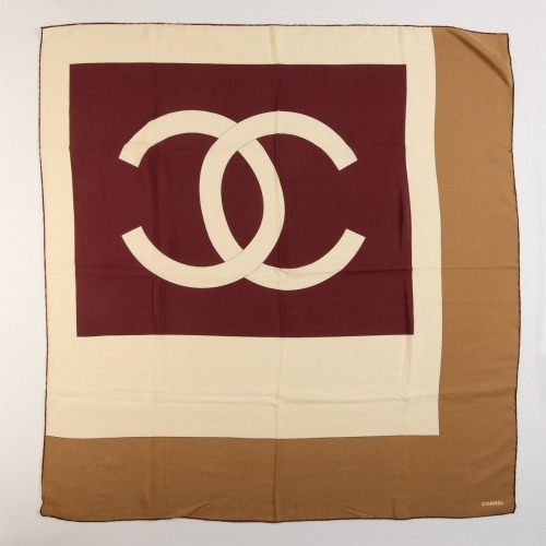 Chanel, CC, 100% Silk Burgundy / Taupe / Cream Scarf