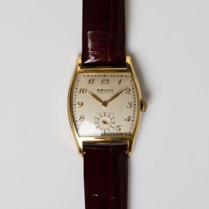 10ct Gold Filled / Stainless Steel, Gruen Hand-wound Tonneau Shaped Wristwatch, circa 1950