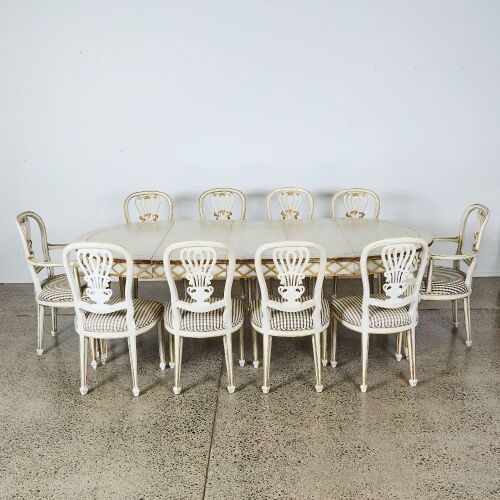 A French Louis Style Neoclassical Dining Table and Ten Chairs