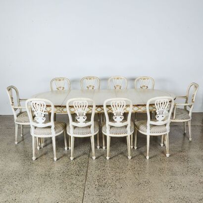 A French Louis Style Neoclassical Dining Table and Ten Chairs