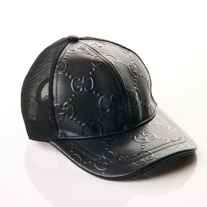 Gucci, GG, Embossed Black Leather Baseball Cap, Size S with Box