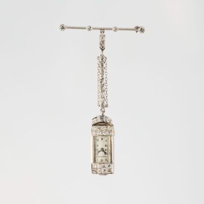 Platinum, Art Deco Revival, 26mm Jaeger-LeCoultre Diamond Hand-wound Fob Brooch Watch