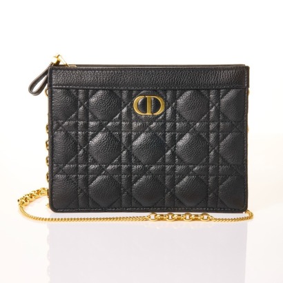 Christian Dior, Calfskin Cannage Caro Zipped Pouch With Chain