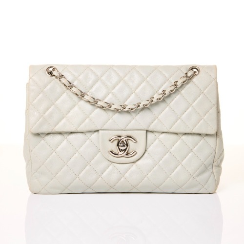 Chanel, Light Grey Washed Caviar Maxi Classic Soft Single Flap Bag