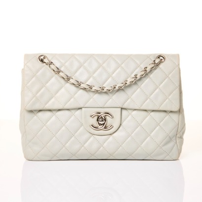Chanel, Light Grey Washed Caviar Maxi Classic Soft Single Flap Bag