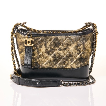 Chanel, Metallic Gold / Black Crumpled Goatskin / Calfskin Gabrielle Hobo Small Bag