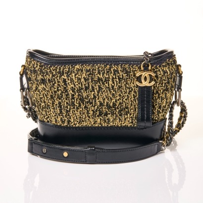 Chanel, M&eacute;tiers d 'Art Gold / Black Cotton / Calfskin Gabrielle Hobo Small Bag