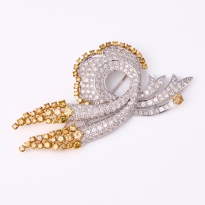 14ct White / Yellow Gold, 4.20ct Fancy Yellow Diamonds / 5.77ct White Diamond Brooch - Near new