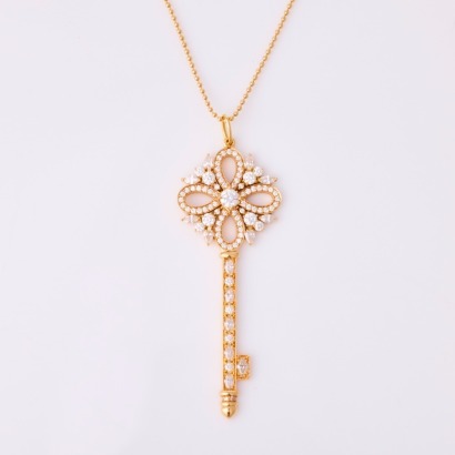 Tiffany & Co. 18ct Rose Gold, 1.14ct Diamond Victoria Key Pendant on 18ct Rose Gold, 50cm Beaded Chain with Box