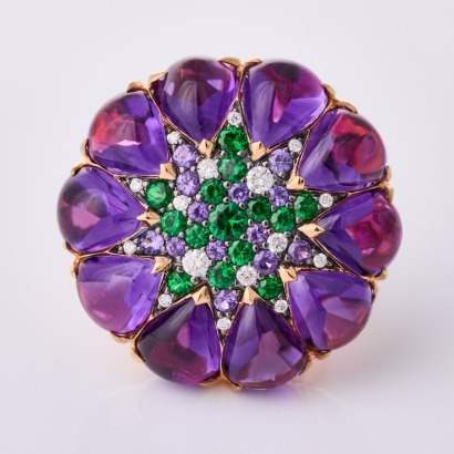 18ct Rose Gold, Modern, Amethyst / Tsavorite / Sapphire / Diamond Ring - Near New