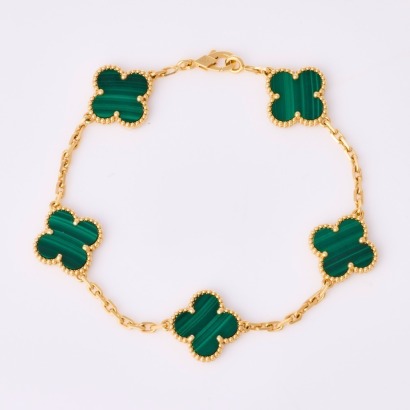 Van Cleef & Arpels, Vintage, 18ct Yellow Gold, Alhambra Malachite Bracelet with Box - Near new