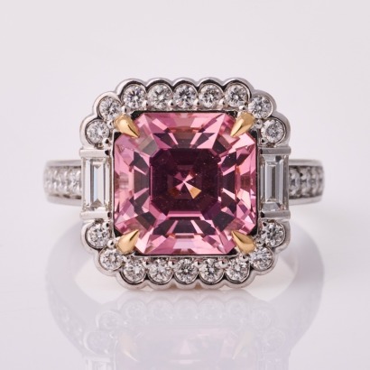 18ct White / Rose Gold, Modern, 5.50ct Pink Tourmaline / .84ct Diamond Cocktail Ring by Lester Brand