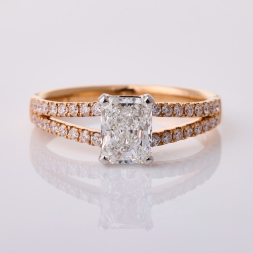 18ct Rose Gold, 1.12ct Radiant Cut Diamond / .35ct Diamond Ring, GIA Diamond report