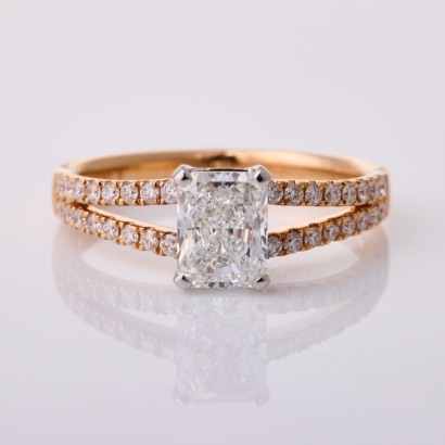 18ct Rose Gold, 1.12ct Radiant Cut Diamond / .35ct Diamond Ring, GIA Diamond report