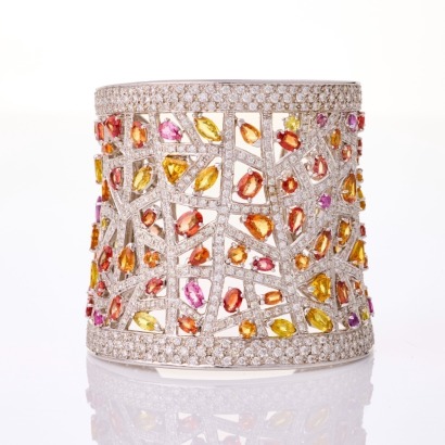 18ct White Gold, Modern, Handmade 43.35ct Sapphire / 18.34ct Diamond set Cuff Bracelet