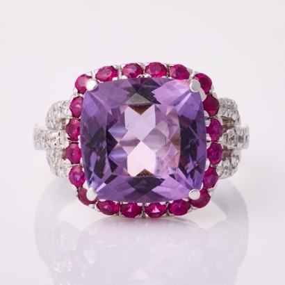 18ct White Gold, Modern, 6.40ct Amethyst / .94ct Ruby / .29ct Diamond Set Ring