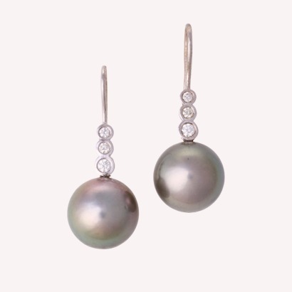 18ct White Gold, 12.2mm Black South Sea Pearl / .25ct Diamond Drop Earrings