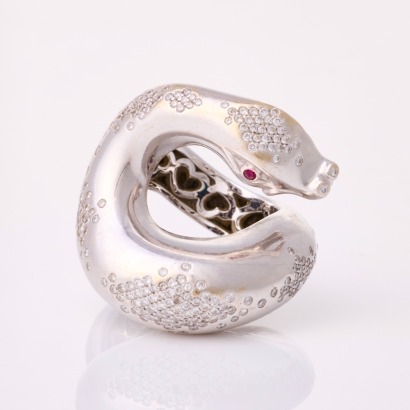 Pasquale Bruni, Heavy, 18ct White Gold Diamond / Ruby Snake Il Peccato Ring