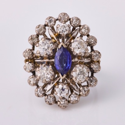16ct -18ct White Gold, Vintage, 1.60ct Diamond / Marquise cut Sapphire Ring