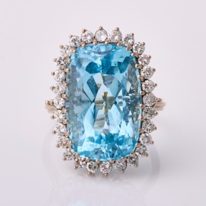 18ct White Gold, Large, Modern, 21.00ct Aquamarine / 1.16ct Diamond Dress Ring