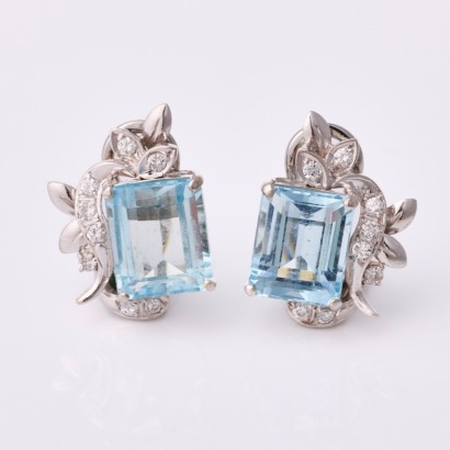 14ct White Gold, Vintage, Aquamarine / .20ct Diamond Earrings