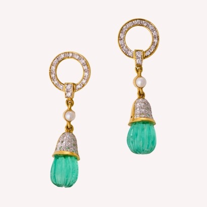 18ct Yellow Gold, Modern, Hand Carved, 10mm Emeralds / .50ct Diamond Drop Earrings