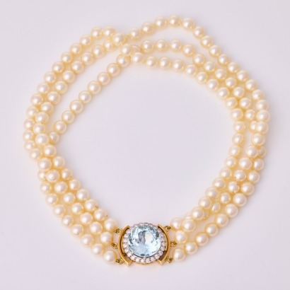 Three Strand Pearl, 18ct Yellow Gold, 17.5ct Aquamarine / .74ct Diamond Set Collar