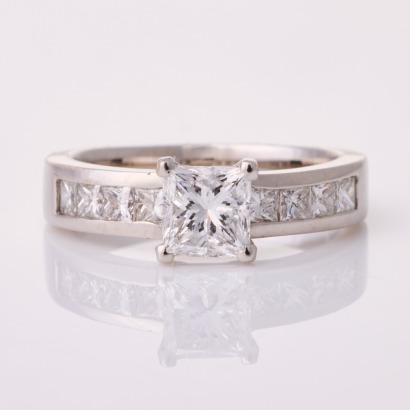 Victor Azzopardi, 18ct White Gold, 1.07ct Princess Cut Diamond Modern Ring / .60ct Diamond Set Shoulders, GIA report